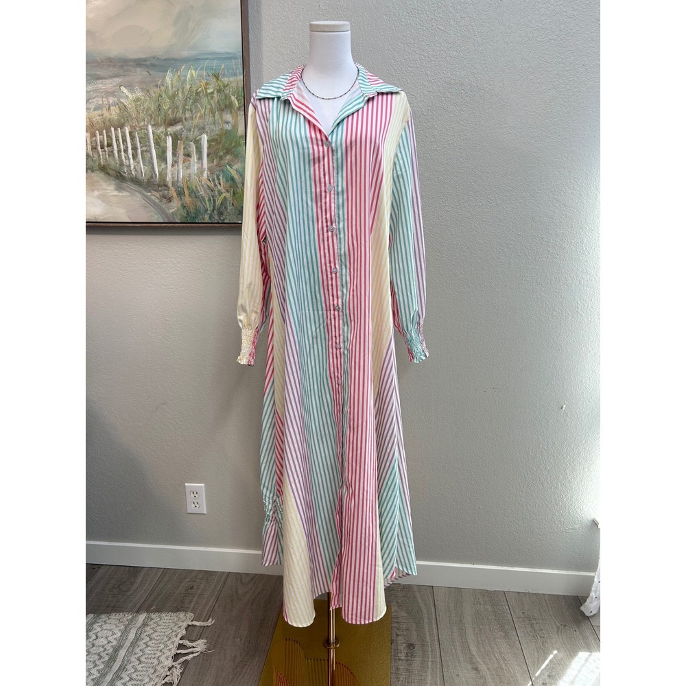 Pastel Stripe Button Front Maxi Shirt Dress XXL Cottagecore Coastal Spring